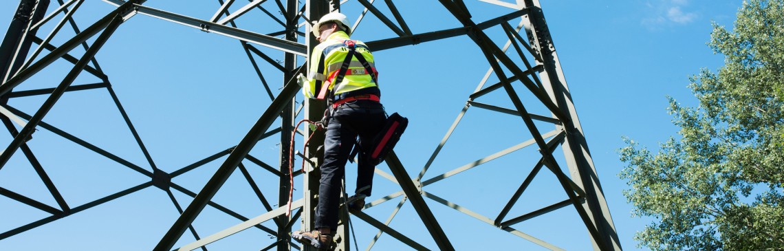 Ein Mitarbeiter klettert auf einen Strommast.
